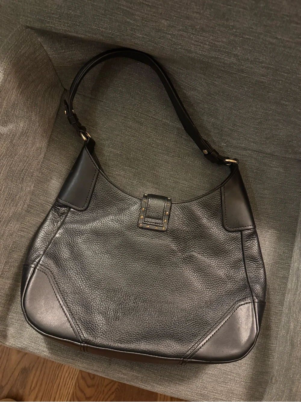 Michael Kors Black Pebbled Leather Shoulder Hobo with Gold Buckle Detail
